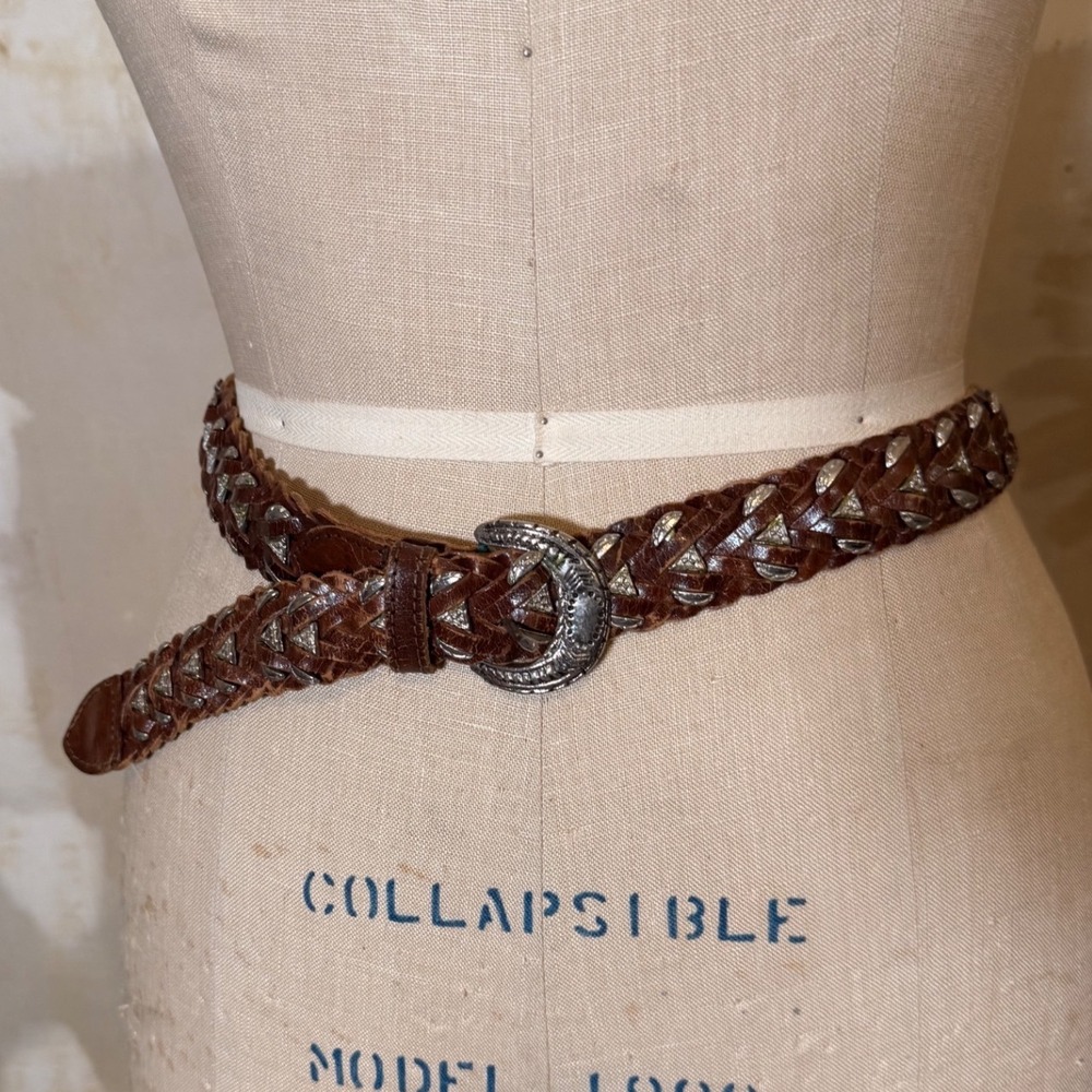 Vintage Brown Braided Leather Western Belt Silver Studded Boho Woven Medium
